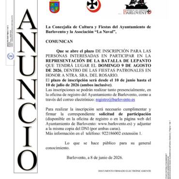 INSCRIPCIÓN PARA LAS PERSONAS INTERESADAS EN PARTICIPAR EN LA REPRESENTACIÓN DE LA BATALLA DE LEPANTO QUE TENDRÁ LUGAR EL DOMINGO 9 DE AGOSTO DE 2026.