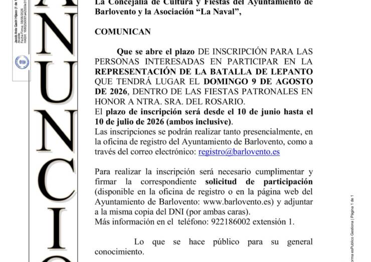 INSCRIPCIÓN PARA LAS PERSONAS INTERESADAS EN PARTICIPAR EN LA REPRESENTACIÓN DE LA BATALLA DE LEPANTO QUE TENDRÁ LUGAR EL DOMINGO 9 DE AGOSTO DE 2026.
