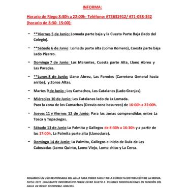 Cuadrante informativo del agua de riego del 05 de junio hasta el 14 de junio del 2026.