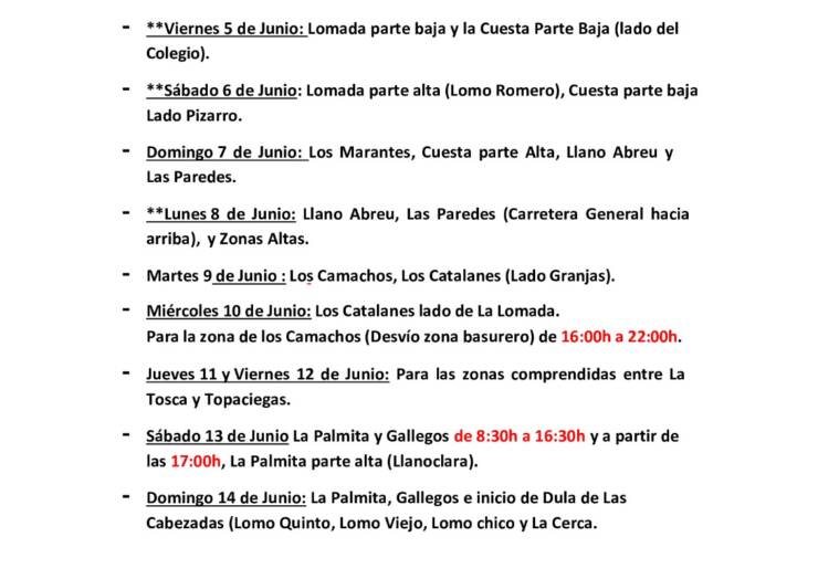 Cuadrante informativo del agua de riego del 05 de junio hasta el 14 de junio del 2026.