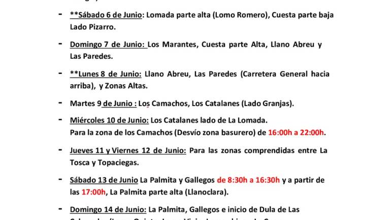 Cuadrante informativo del agua de riego del 05 de junio hasta el 14 de junio del 2026.