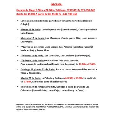 Cuadrante informativo del agua de riego del  lunes 15 al miércoles 24 de junio del 2026.