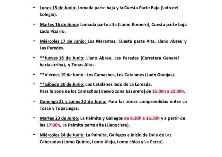 Cuadrante informativo del agua de riego del  lunes 15 al miércoles 24 de junio del 2026.