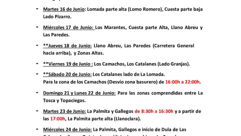 Cuadrante informativo del agua de riego del  lunes 15 al miércoles 24 de junio del 2026.