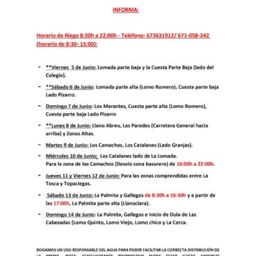 Cuadrante informativo del agua de riego del 05 de junio hasta el 14 de junio del 2026.