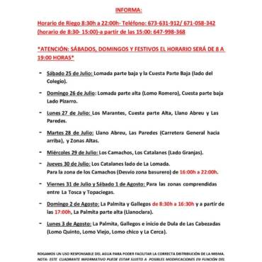 CUADRANTE INFORMATIVO DEL AGUA DE RIEGO DEL  25 DE JULIO AL 03 DE AGOSTO.