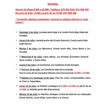 CUADRANTE INFORMATIVO DEL AGUA DE RIEGO DEL  DOMINGO 05 DE JULIO AL MARTES 14 DE JULIO.