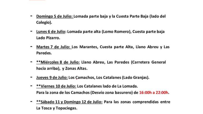 CUADRANTE INFORMATIVO DEL AGUA DE RIEGO DEL DOMINGO 05 DE JULIO AL MARTES 14 DE JULIO.