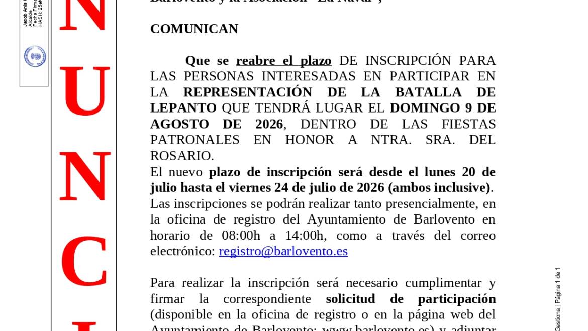 SE REABRE EL PLAZO DE INSCRIPCIÓN  PARA LA PARTICIPACIÓN EN LA REPRESENTACIÓN DE LA BATALLA DE LEPANTO:
