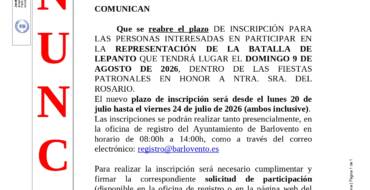 SE REABRE EL PLAZO DE INSCRIPCIÓN  PARA LA PARTICIPACIÓN EN LA REPRESENTACIÓN DE LA BATALLA DE LEPANTO: