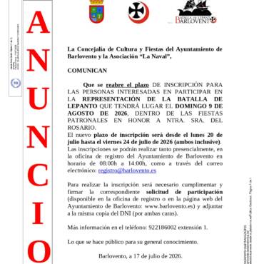 SE REABRE EL PLAZO DE INSCRIPCIÓN  PARA LA PARTICIPACIÓN EN LA REPRESENTACIÓN DE LA BATALLA DE LEPANTO: